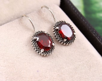 Red Garnet Earring 925 Sterling Silver Garnet Oval Drop Dangle Earrings Natural Red Garnet Oval Gemstone Oxidized Silver Hook Drop Earrings