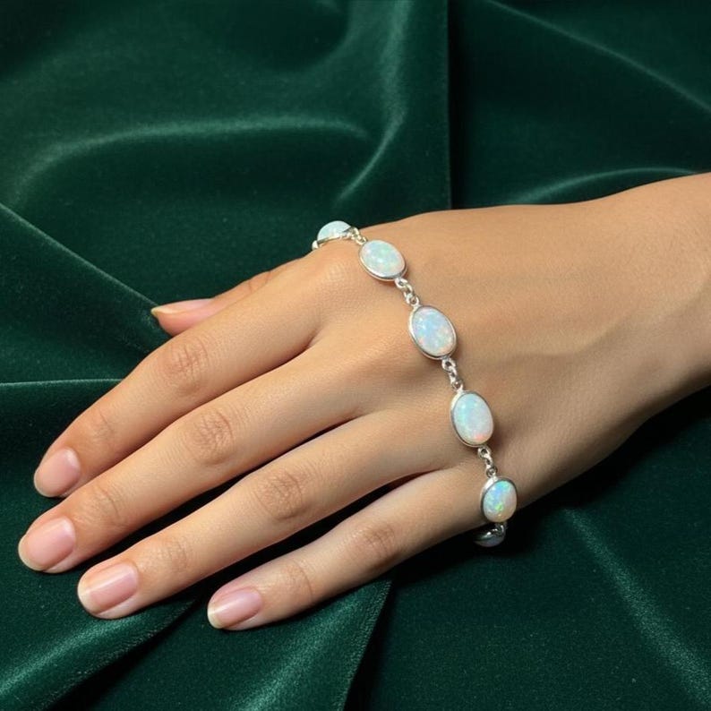 Ethiopian Opal Bracelet, 925 Sterling Silver Adjustable Bracelet, Handmade Oval Shape Bracelet, Fire Opal Stone Bracelet for Women Gifts Her image 2