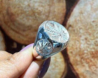 フラワーリーフシルバーリング、925スターリングシルバーマリファナ