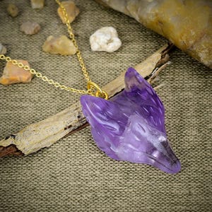 Amethyst Wolf Head Gemstone Pendant, Gold Plated Carved Animal Pendant, Purple Amethyst Wolf Head Charms Pendants, Sterling Silver Pendant