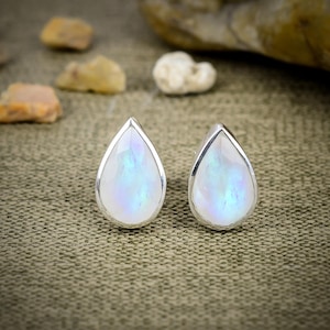 Rainbow Moonstone Teardrop Stud Earrings: Sterling Silver, June Birthstone