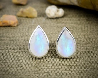 Natural Rainbow Moonstone 925 Sterling Silver Teardrop Stud Earrings, Pear Moonstone Stud Earrings, June Birthstone, Moonstone Earrings Gift