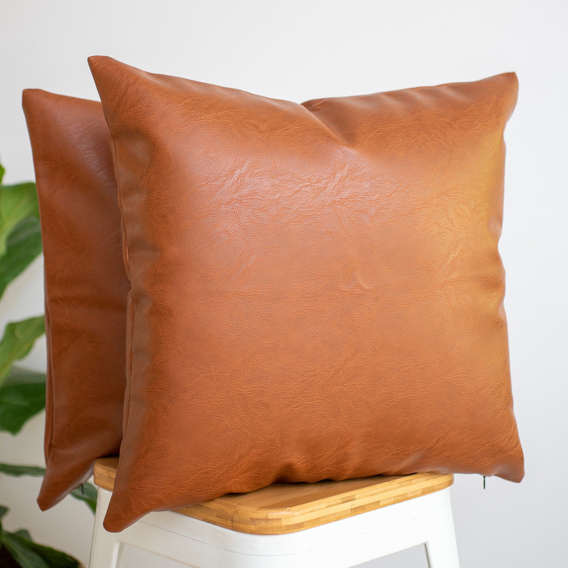 Set of 2 45x45cm Leather Cushion Covers Thick Cognac Brown Etsy