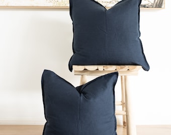 Set of 2 100% linen cushion covers, throw cushions, 50x50cm, with straight edge with Flange - Inserts not included - Navy Blue