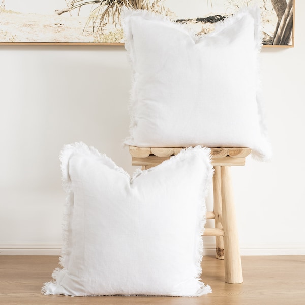 Set of 2 100% linen cushion covers, throw cushions 50x50cm with handmade fringe edge  Inserts not included - White