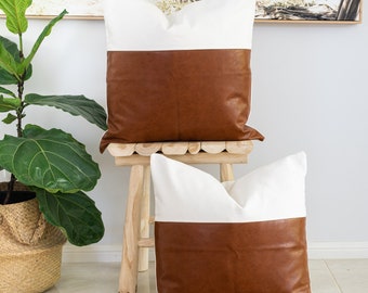 Set of 2 50x50cm Cognac faux Leather with White Fabric split Cushion Covers - Thick durable modern throw pillow covers