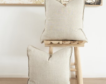 Set of 2 100% linen cushion covers, throw cushions. 50x50cm. Straight edge with Flange - Inserts not included - Natural oatmeal