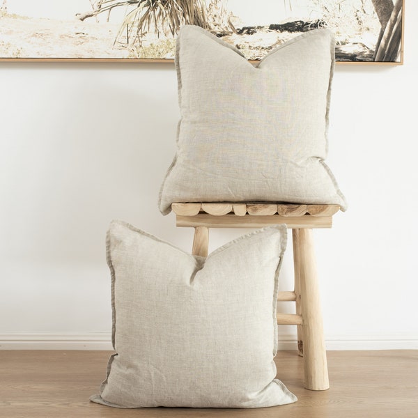 Set of 2 100% linen cushion covers, throw cushions. 50x50cm. Straight edge with Flange - Inserts not included - Natural oatmeal