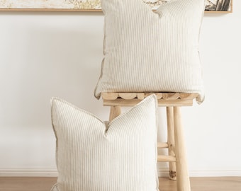 Set of 2 Beige Stripe Flax linen cushion covers, throw cushions 50x50cm with flange - Inserts not included