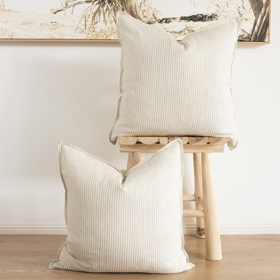 Set of 2 Beige Stripe Flax Linen Cushion Covers Throw Etsy Australia