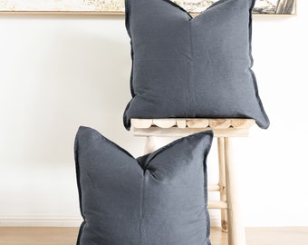 Set of 2 100% linen cushion covers, throw cushions, 50x50cm, with straight edge with Flange - Inserts not included - Slate blue