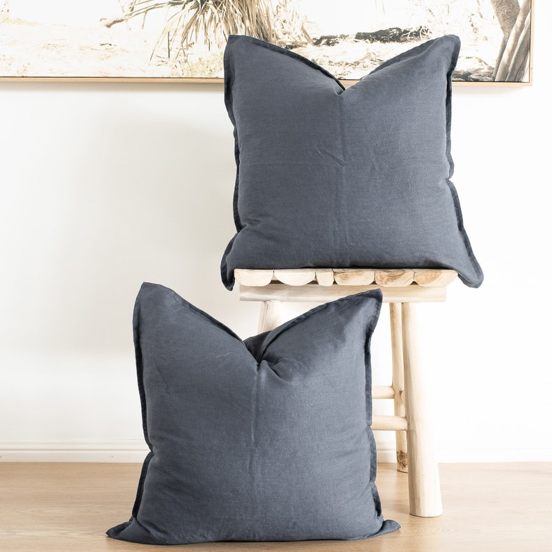 Set of 2 100% linen cushion covers, throw cushions, 50x50cm, with straight edge with Flange Inserts not included Slate blue image 1
