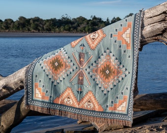 Cool Earth Theme Indian Tribal Blanket Throw, Picnic Blanket, BOHO, Aztec throw rug Blue/peach tones 200cm by 160cm