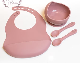 4 piece set Baby & Toddler 1 Silicone Suction Bowl 2 Spoons 1 Silicone Bib Dusty Rose