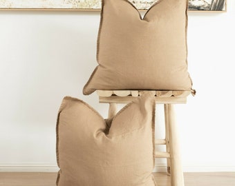 Set of 2 50cm by 50cm 100% Linen Cushion Covers Straight edge - Camel