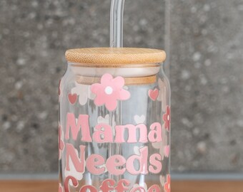 Iced Coffee Reusable Can Glass Cup Blush Pink Rose Flowers Floral Eco Friendly Bamboo Lid glass Straw Gift For Her