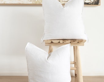 Set of 2 100% Linen cushion covers, throw cushions 50x50cm- White straight edge with Flange - Inserts not included