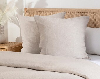 Set of 2 European 100% linen cushion covers, 65x65cm. Straight edge with Flange - Inserts not included - Natural, oatmeal