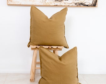 Set of 2 100% Linen cushion covers, throw cushions 50x50cm- Olive straight edge with Flange - Inserts not included