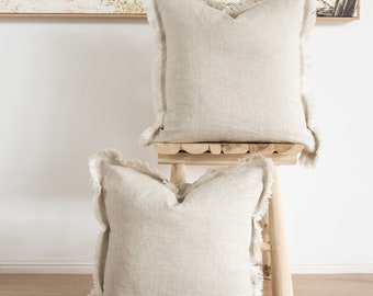 Set of 2 100% linen cushion covers, throw cushions, 50x50cm with Hand made fringe edge Inserts not included - Natural