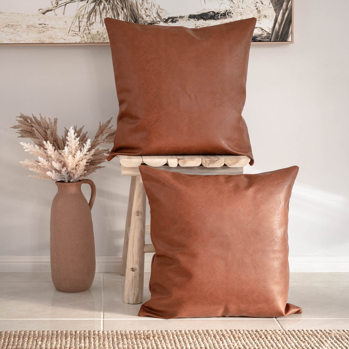 Set of 2 45x45cm Leather Cushion Covers Thick Cognac Brown Etsy