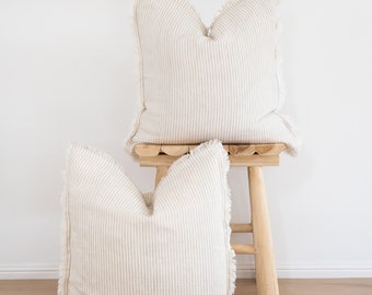 Set of 2 Beige Stripe Flax linen cushion covers, throw cushions 50x50cm with fringe edge - Inserts not included