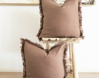 Set of 2 100% linen cushion cover, 50x50cm -  Hand made fringe edge  - Inserts not included - Dusty Brown