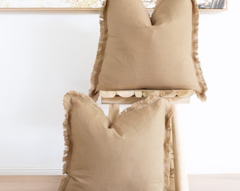 Set of 2, 100% linen cushion cover,  50x50cm with a Hand made fringe edge  - Inserts not included  - Camel