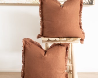 Set of 2 100% linen cushion covers, throw cushions, 50x50cm Hand made fringe edge  - Inserts not included - Terracotta