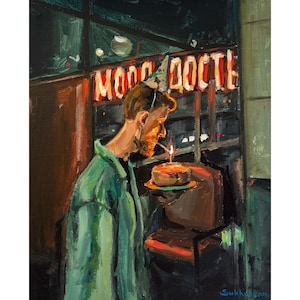 Archival giclée print of the Original acrylic Young Mans Portrait with Birthday Cake by Victoria Sukhasyan.
