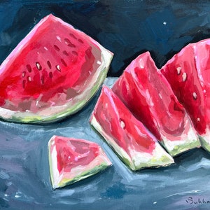 Still Life with Watermelon. Original acrylic painting on canvas panel 9x12 inches (23x30 cm).