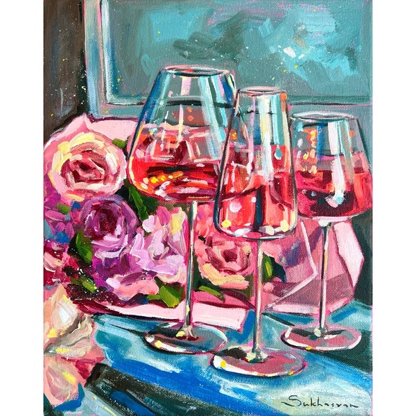 Archival giclée print of the of Original acrylic painting Still Life with Rosé Wine and Flowers by Victoria Sukhasyan.