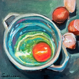 Stillleben mit gesprungenem Ei Original Acrylbild und Glitter auf Acrylplatte 15x15cm.
