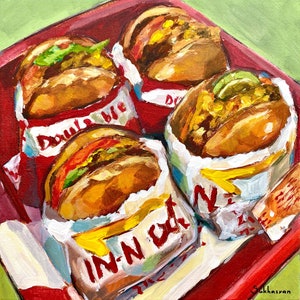 Archival giclée print of the Original acrylic painting on canvas Still Life with In-N-Out Burgers by Victoria Sukhasyan.