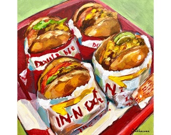 Archival giclée print of the Original acrylic painting on canvas Still Life with In-N-Out Burgers by Victoria Sukhasyan.
