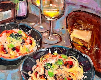 Still Life with Spaghetti and White Wine. Original acrylic painting on canvas 11x14 inches (28x35 cm) by V. Sukhasyan.