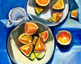 Still life with Oranges. Original oil painting on canvas 12x12 inches (30.5x30.5 cm).