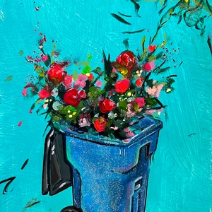 Roses in a Trash Bin. Original acrylic and glitter painting wood panel 8x10 inches (20x25 cm). Signed by the artist Victoria Sukhasyan.