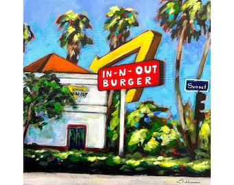 Archival giclée print of the Original acrylic painting on canvas Los Angeles Cityscape In-N-Out Burger by Victoria Sukhasyan.