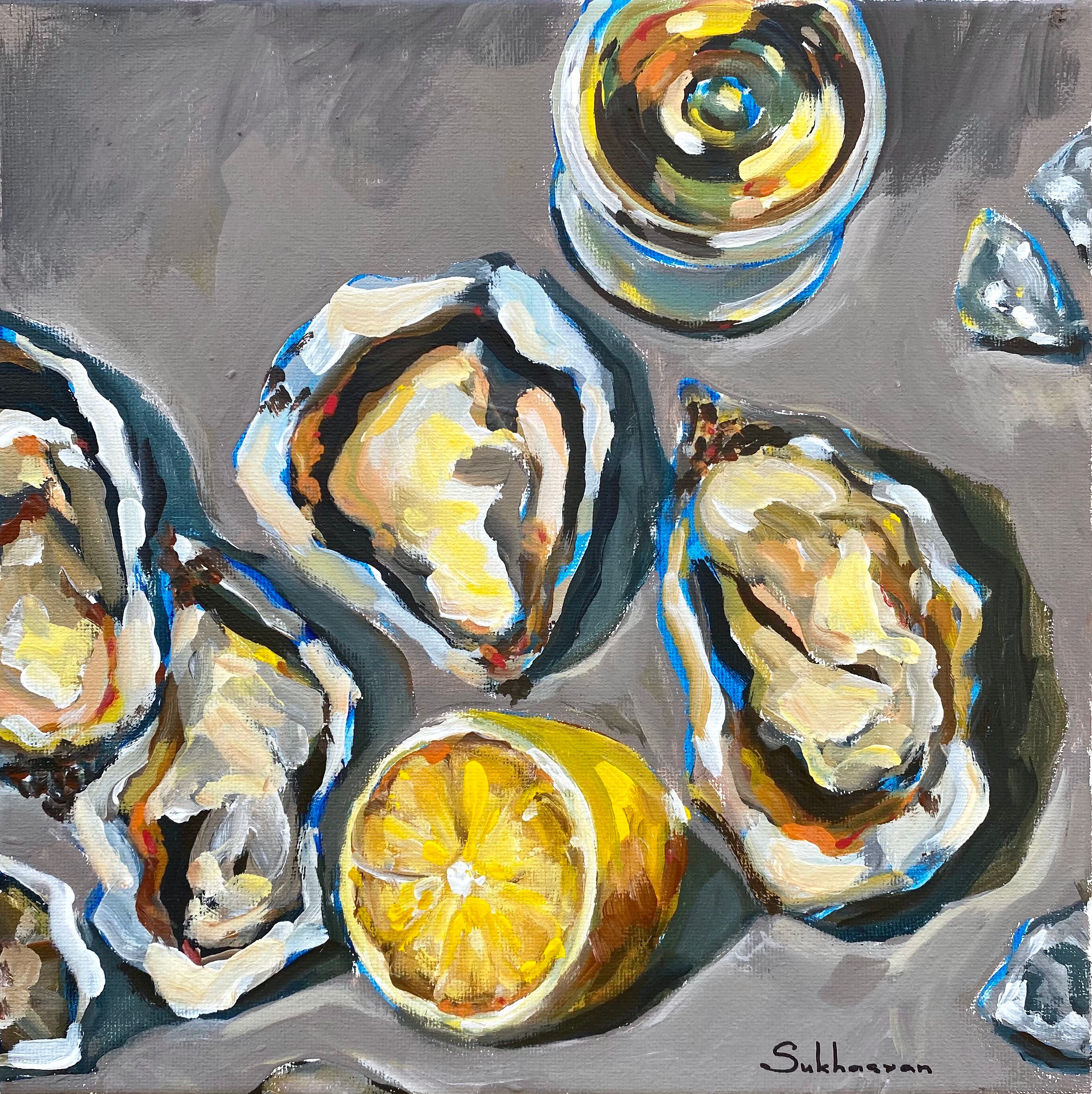 Still Life With Wine Oysters and Lemon. Original Acrylic Painting