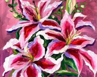 Still Life with Lilies. Original acrylic painting on canvas panel 9x12 inches (23x30 cm) by Victoria Sukhasyan