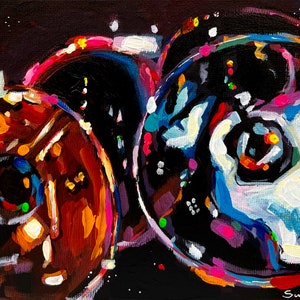 Stilleven met twee wijnglazen. Origineel acrylschilderij op canvaspaneel 5 x 7 inch (12 x 18 cm).