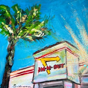 California Scenery. In-N-Out Burger. Oryginalny obraz akrylowy i brokatowy na płótnie 6x6 cali (15x15 cali).