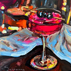 Naturaleza muerta con cóctel de martini. Pintura acrílica original sobre tabla de madera, 15x15 cm (15x15 pulgadas).