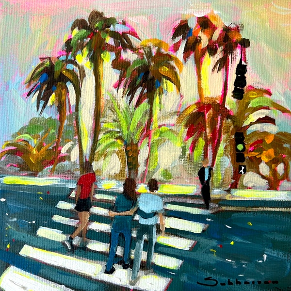 Santa Monica Pier Original acrylic painting on canvas panel 6x6 inches (15x15 inches).