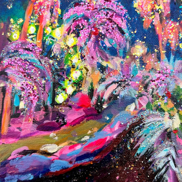 Las Vegas. Flamingo Casino. Original acrylic and glitter painting on canvas panel 5x7 inches (12x18 cm).