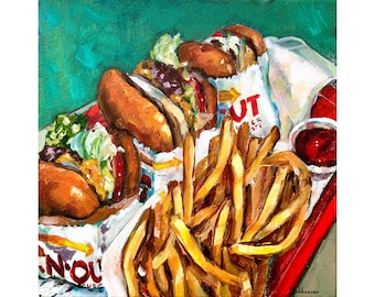 Archival giclée print of the Original acrylic painting on canvas Still Life with 3 In-N-Out Burgers and French Fries by Victoria Sukhasyan.