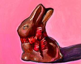 Conejito de chocolate Pintura original de acrílico y brillantina sobre panel de lienzo de 6 x 6 pulgadas (15 x 15 pulgadas).