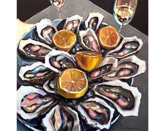 Archival giclée print of the Original oil painting on wood panel Still Life with Wine, Oysters and Lemons by Victoria Sukhasyan.