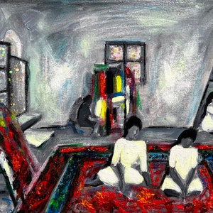 Armenian women waving rugs. Original oil, acrylic, oil pastels and glitter painting on canvas 11x14 inches (28x35 cm).
